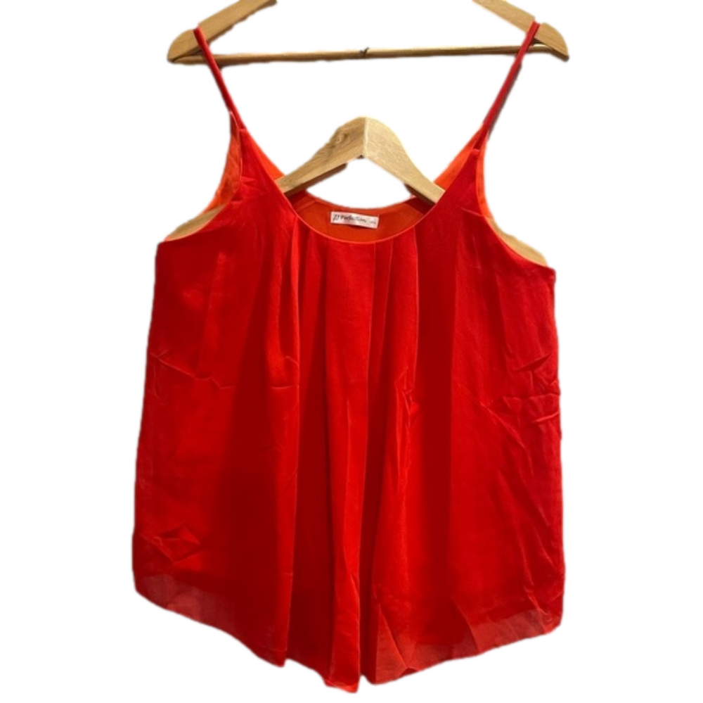 JJ perfection red blouse with pleats. Swing style, spaghetti straps. large.